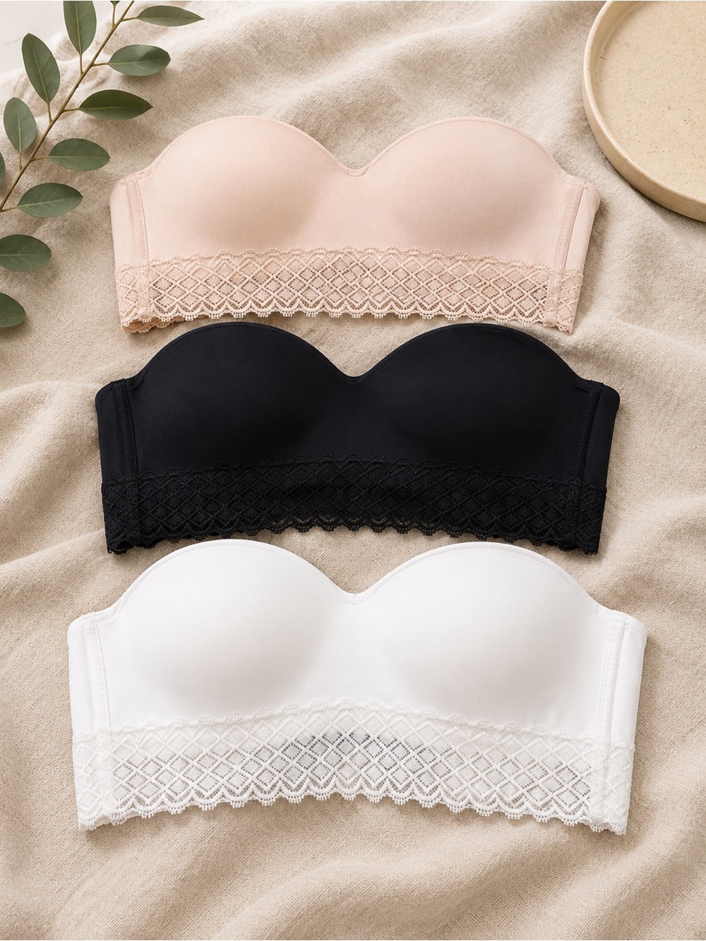 Strapless Lace-Trim Bandeau Bra - White, Black, Blush